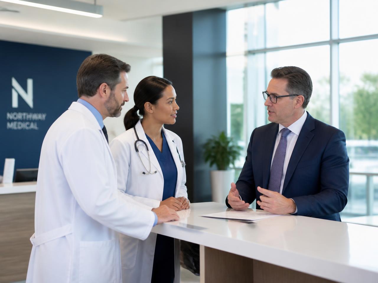 Physicians consulting with a MedCore CFO financial advisor in a modern clinic