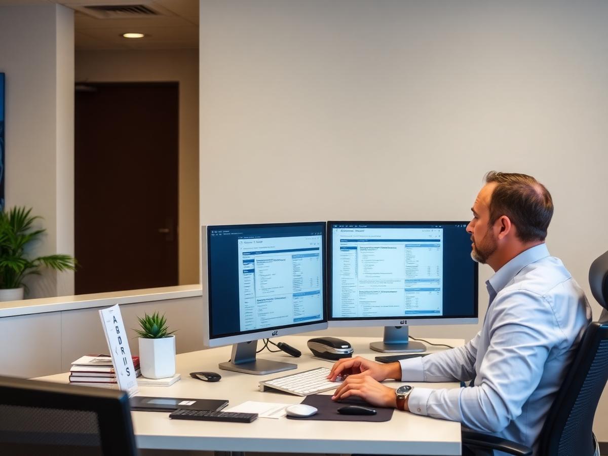Accounting professional reviewing medical clinic financial statements on dual monitors